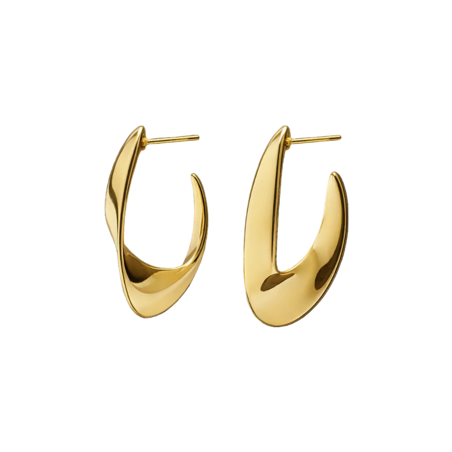 Close-up view of the Luna Curve hoop earrings in 18K gold plated finish, crafted from S925 sterling silver jewelry. The smooth crescent shape and mirror polish highlight the modern, luxurious design of these elegant hoop earrings.