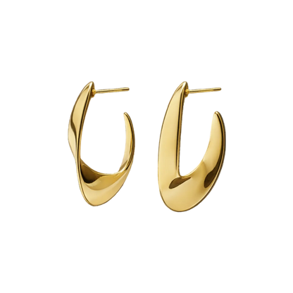 Close-up view of the Luna Curve hoop earrings in 18K gold plated finish, crafted from S925 sterling silver jewelry. The smooth crescent shape and mirror polish highlight the modern, luxurious design of these elegant hoop earrings.