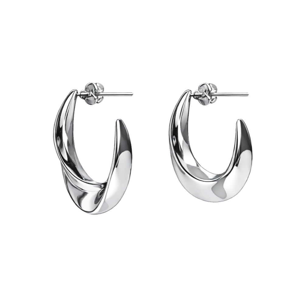 Close-up portrait of a model wearing the Luna Curve hoop earrings in a sleek rhodium plated finish. Crafted from premium S925 sterling silver jewelry, the modern crescent shape and mirror-polish shine highlight the elegance and minimalist design of these silver statement earrings.