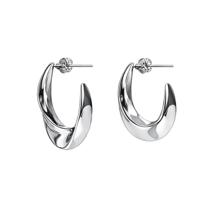 Close-up portrait of a model wearing the Luna Curve hoop earrings in a sleek rhodium plated finish. Crafted from premium S925 sterling silver jewelry, the modern crescent shape and mirror-polish shine highlight the elegance and minimalist design of these silver statement earrings.