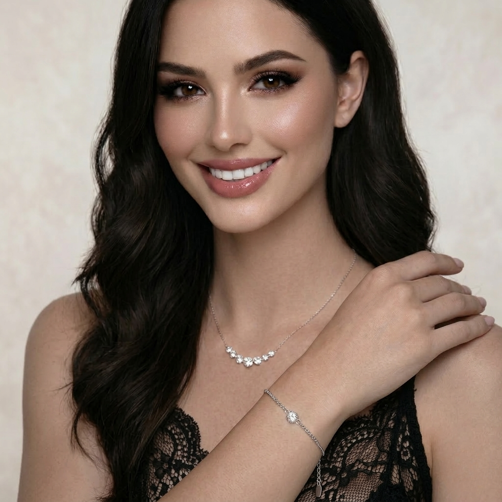 Elegant lifestyle image showing the delicate, stackable design of the Sanya sterling silver bracelet, perfect for everyday wear or special occasions.
