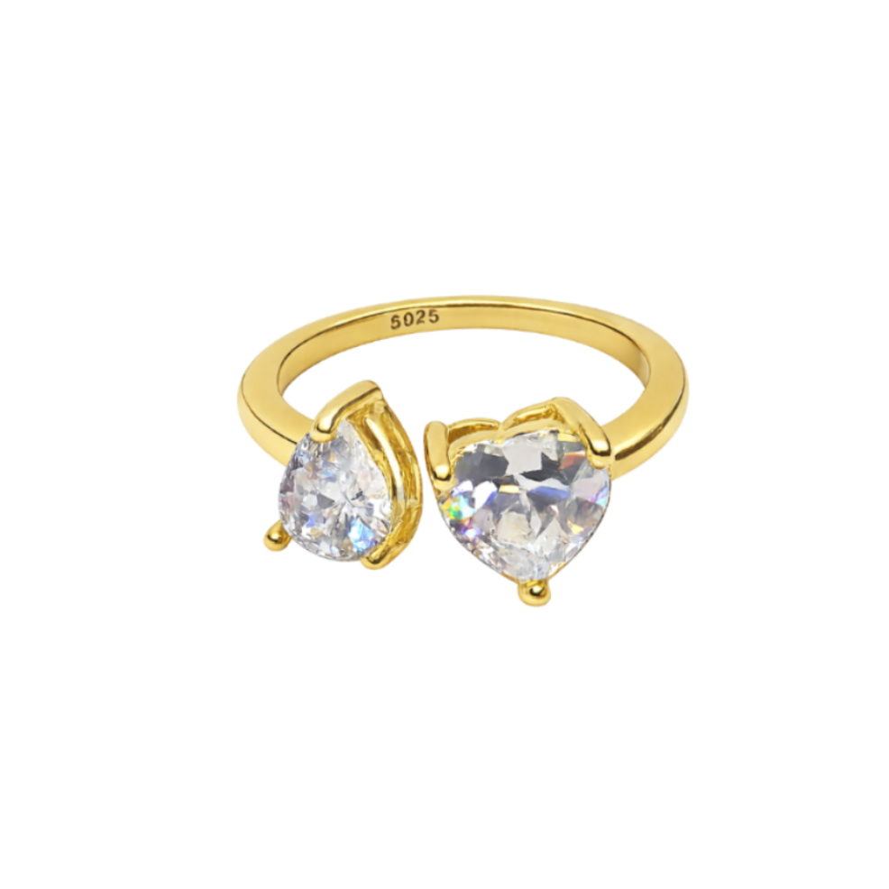 Front view of the Natalie ring crafted in S925 sterling silver with 14K gold plating, featuring heart and pear cut zircon stones in an elegant open adjustable design.