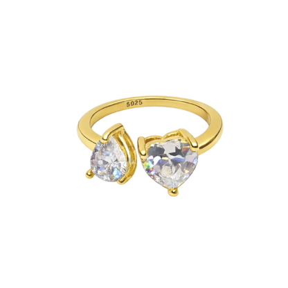 Front view of the Natalie ring crafted in S925 sterling silver with 14K gold plating, featuring heart and pear cut zircon stones in an elegant open adjustable design.