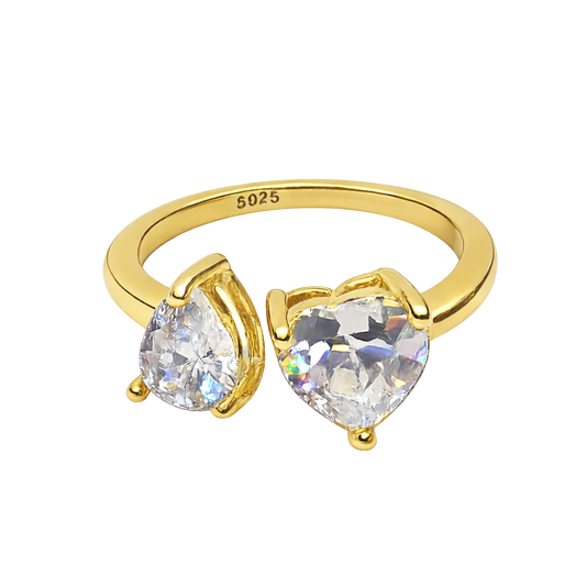 Front view of the Natalie ring crafted in S925 sterling silver with 14K gold plating, featuring heart and pear cut zircon stones in an elegant open adjustable design.