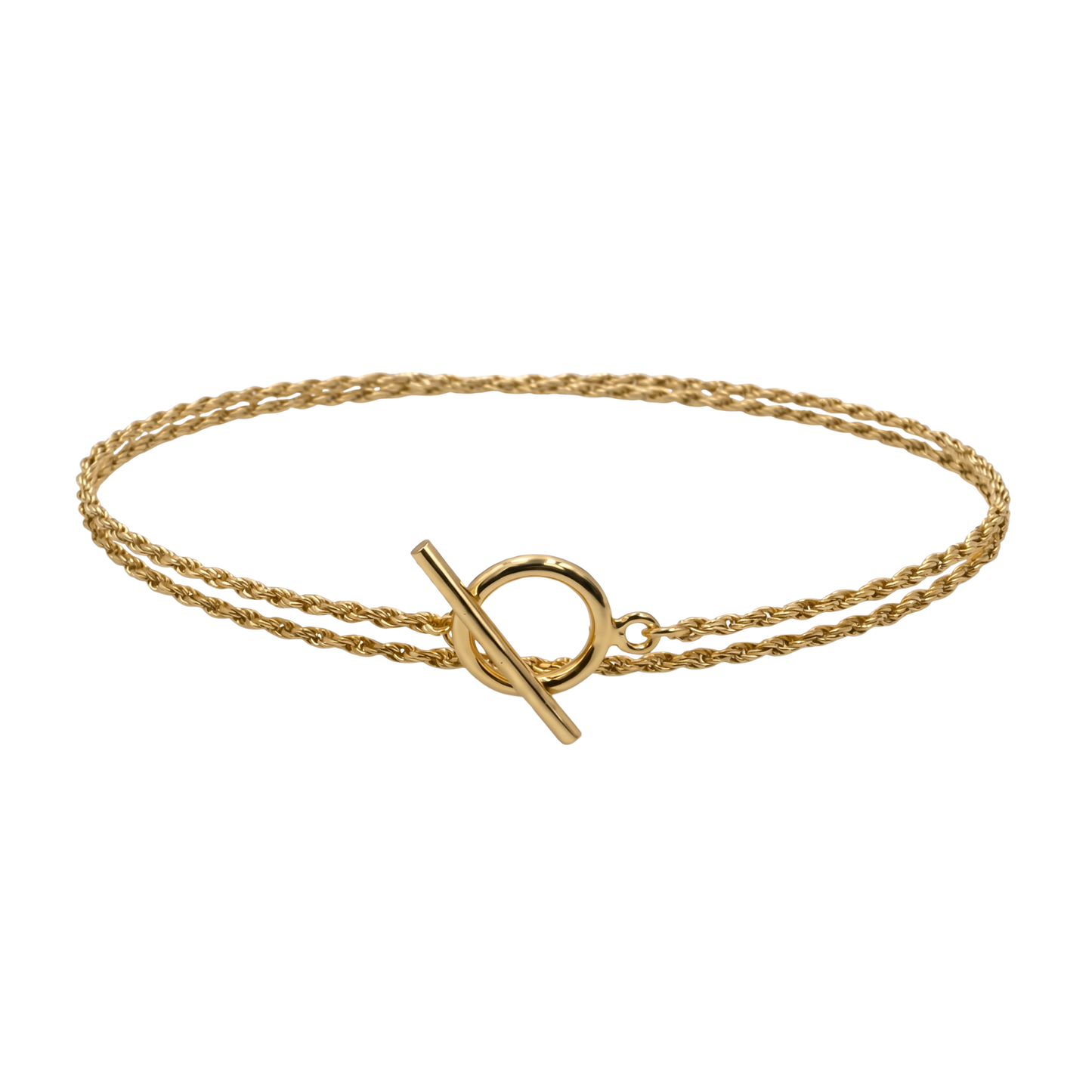 Double-chain sterling silver S925 bracelet with 14K gold plated finish and modern toggle clasp.