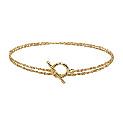 Double-chain sterling silver S925 bracelet with 14K gold plated finish and modern toggle clasp.
