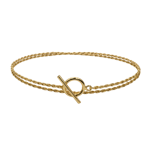 Double-chain sterling silver S925 bracelet with 14K gold plated finish and modern toggle clasp.