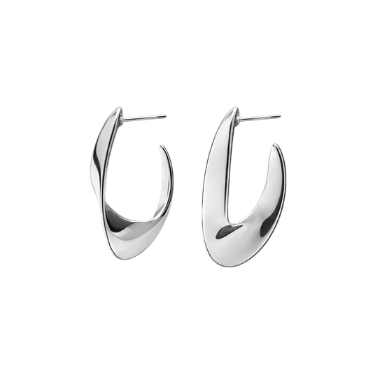 Side profile view showcasing the rhodium plated Luna Curve hoops crafted from S925 sterling silver jewelry. The smooth crescent silhouette and reflective silver finish emphasize the modern, elegant design.