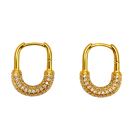 Front view of elegant S925 18K gold plated hoop earrings featuring micro-set round brilliant zircon stones on an oval hoop design. Luxury gold plated jewelry with modern vintage sparkle.