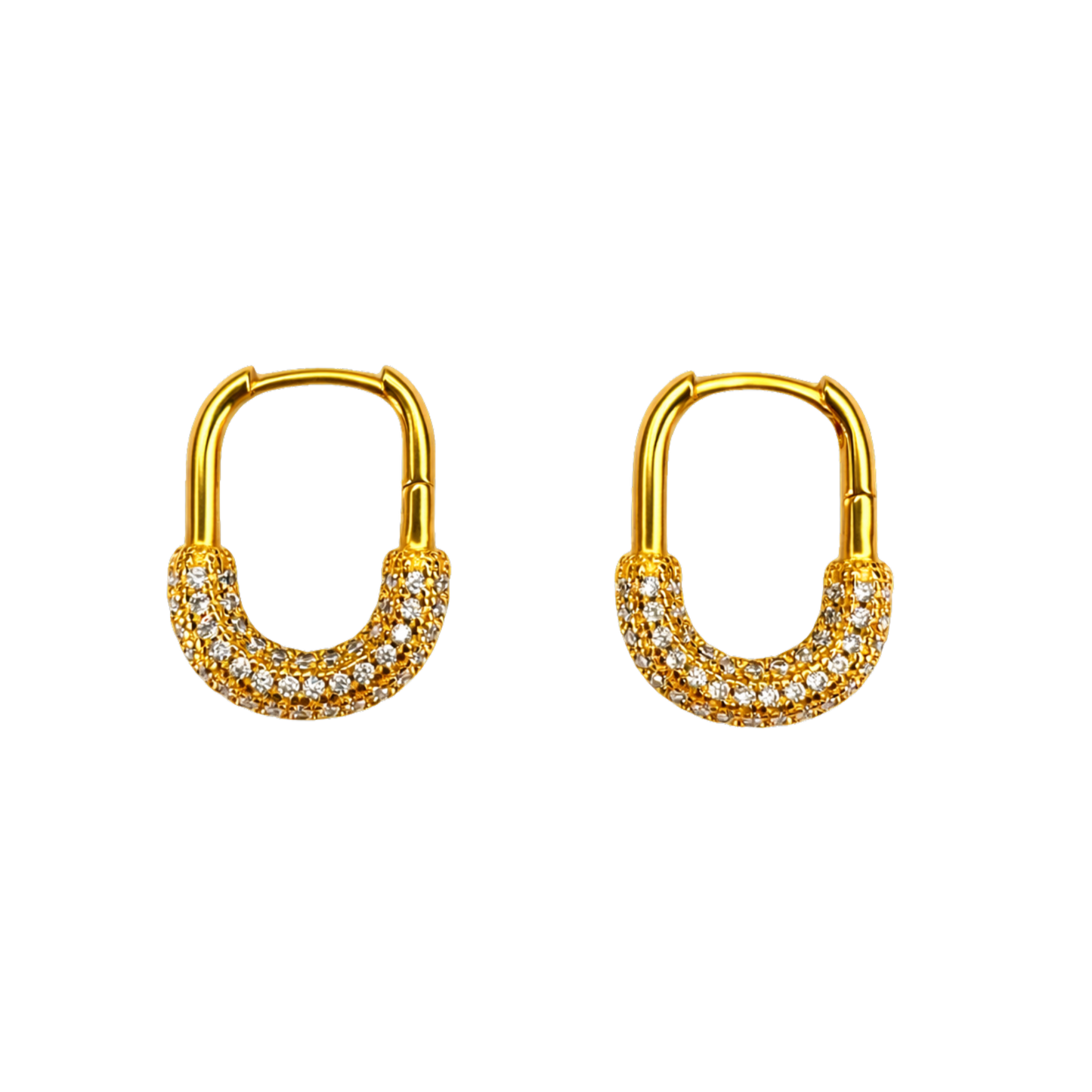 Front view of elegant S925 18K gold plated hoop earrings featuring micro-set round brilliant zircon stones on an oval hoop design. Luxury gold plated jewelry with modern vintage sparkle.