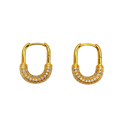 Front view of elegant S925 18K gold plated hoop earrings featuring micro-set round brilliant zircon stones on an oval hoop design. Luxury gold plated jewelry with modern vintage sparkle.