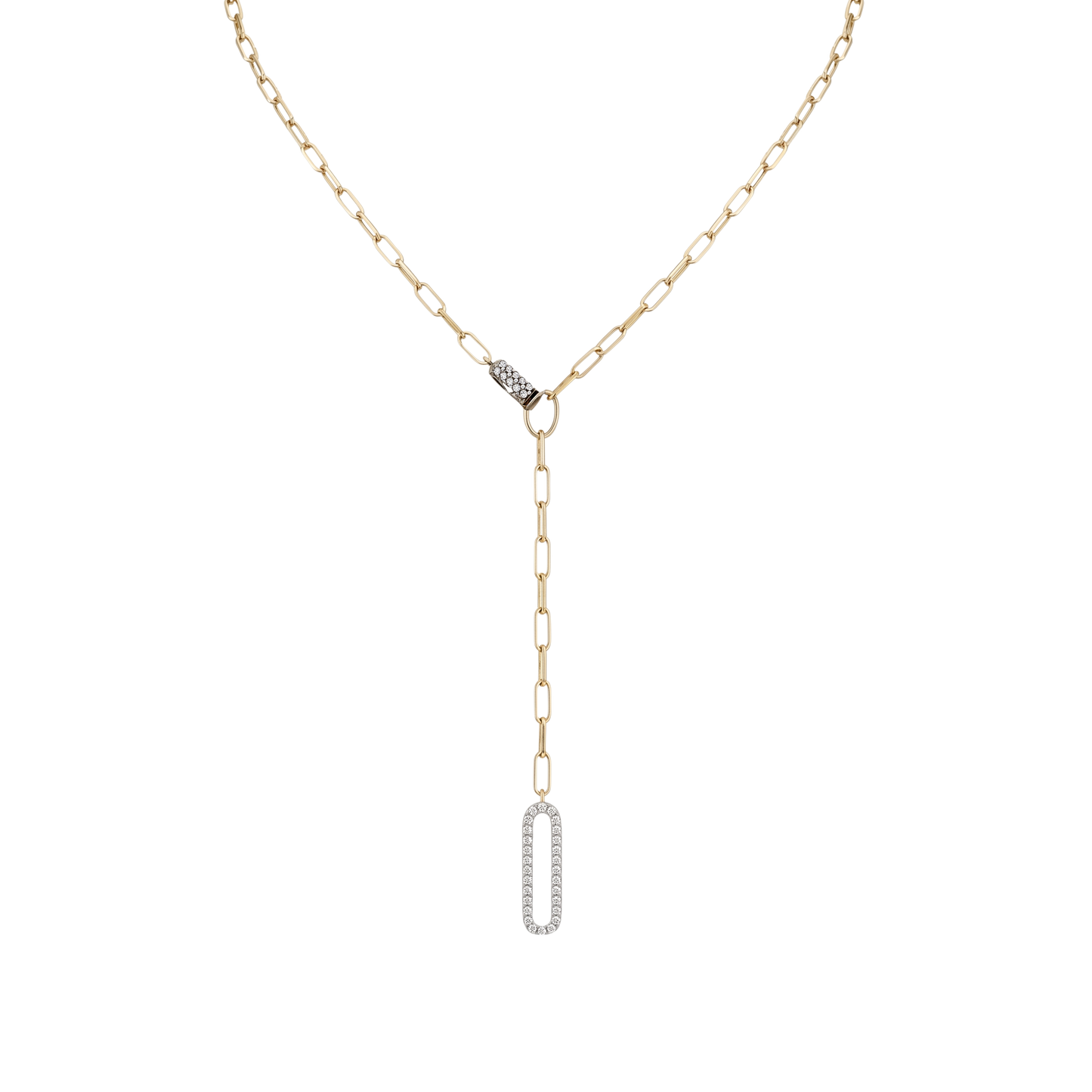 Front view of Tamara sterling silver necklace with 14K gold plating, showcasing the modern paperclip chain and zircon drop detail. Elegant silver jewelry for everyday wear.