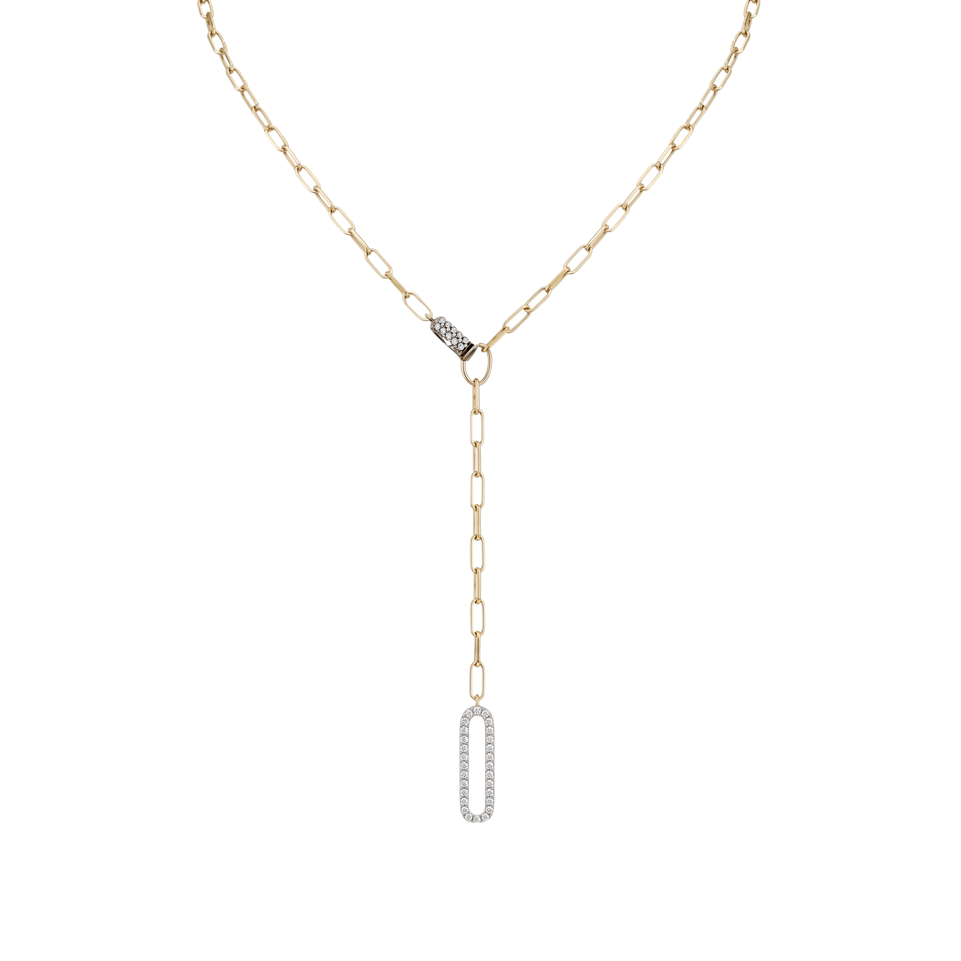 Front view of Tamara sterling silver necklace with 14K gold plating, showcasing the modern paperclip chain and zircon drop detail. Elegant silver jewelry for everyday wear.