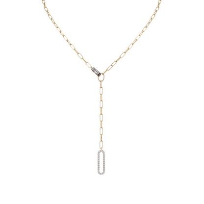 Front view of Tamara sterling silver necklace with 14K gold plating, showcasing the modern paperclip chain and zircon drop detail. Elegant silver jewelry for everyday wear.