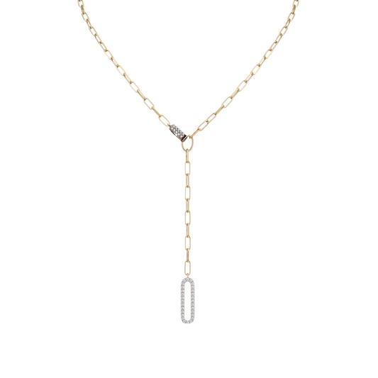 Front view of Tamara sterling silver necklace with 14K gold plating, showcasing the modern paperclip chain and zircon drop detail. Elegant silver jewelry for everyday wear.