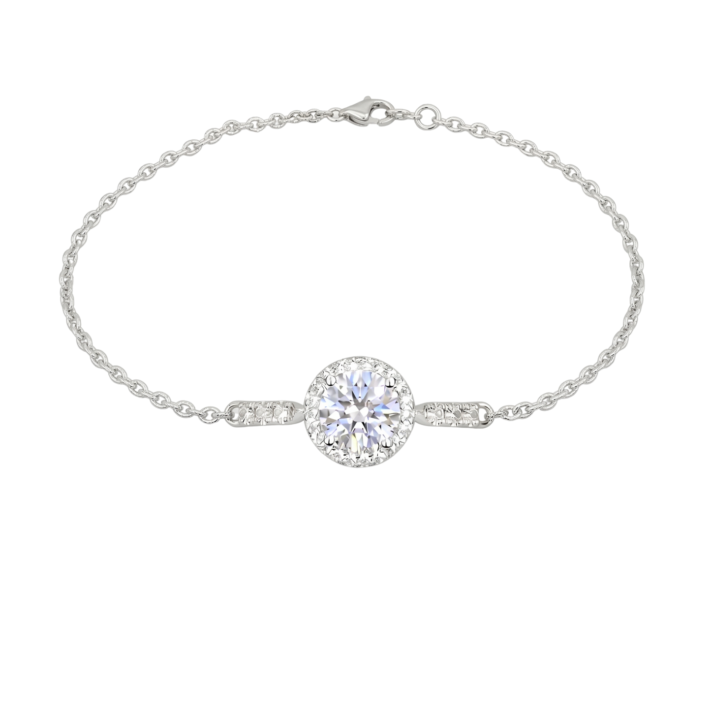 Front view of the Sandra sterling silver bracelet featuring a brilliant 1 carat D color moissanite center stone in a halo setting, crafted in rhodium plated S925 silver.