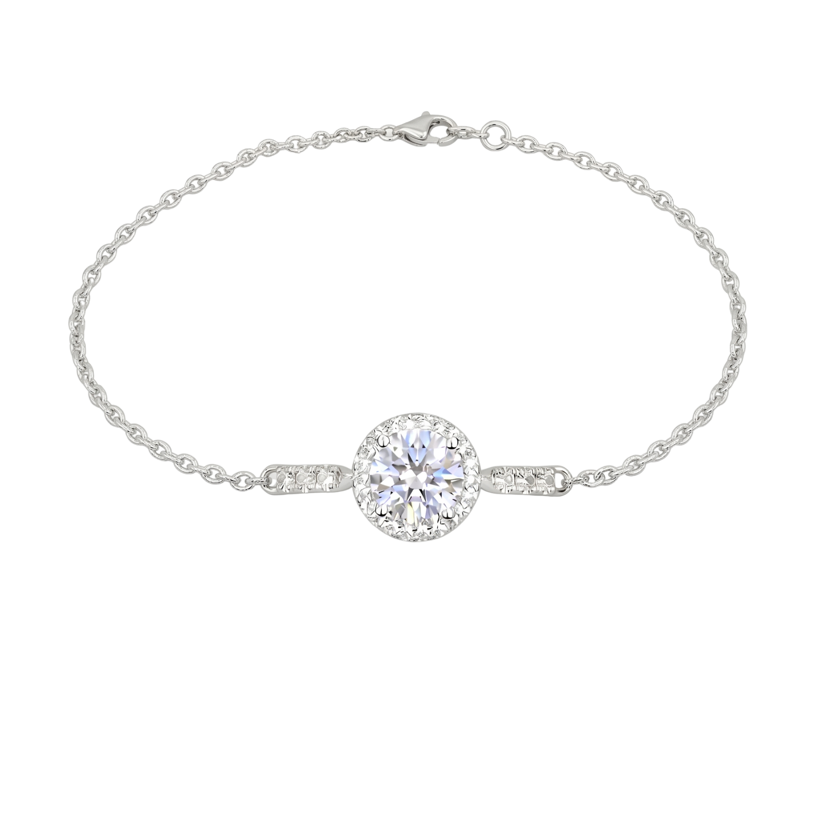 Front view of the Sandra sterling silver bracelet featuring a brilliant 1 carat D color moissanite center stone in a halo setting, crafted in rhodium plated S925 silver.