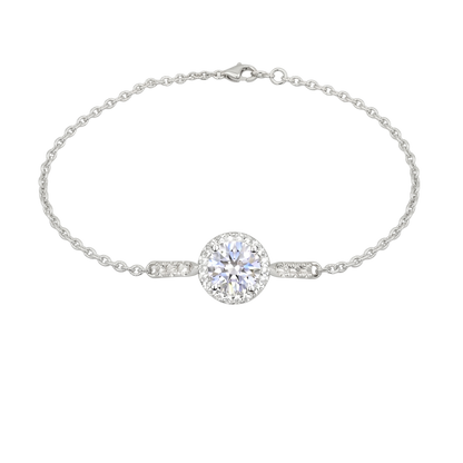 Front view of the Sandra sterling silver bracelet featuring a brilliant 1 carat D color moissanite center stone in a halo setting, crafted in rhodium plated S925 silver.