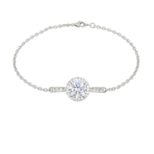 Front view of the Sandra sterling silver bracelet featuring a brilliant 1 carat D color moissanite center stone in a halo setting, crafted in rhodium plated S925 silver.