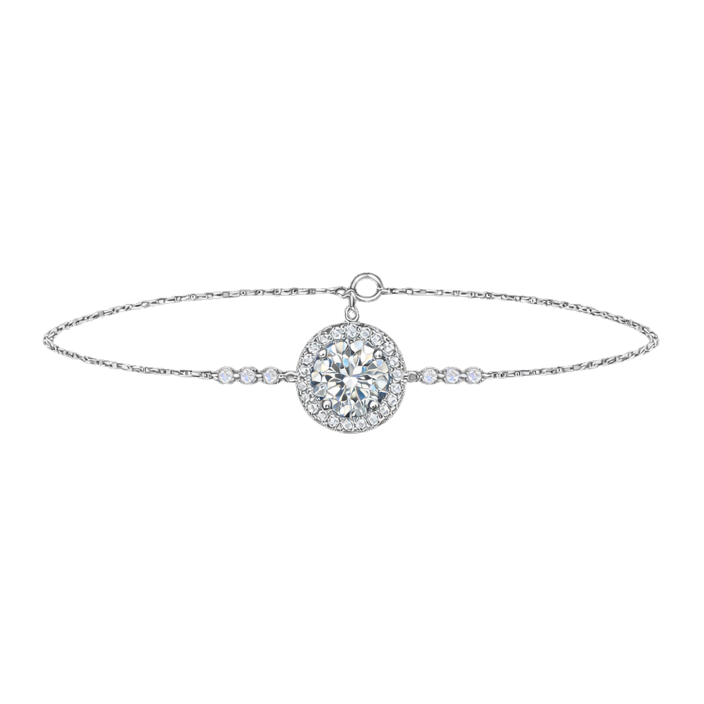 Front view of the Sandra sterling silver bracelet featuring a brilliant 1 carat D color moissanite center stone in a halo setting, crafted in rhodium plated S925 silver.