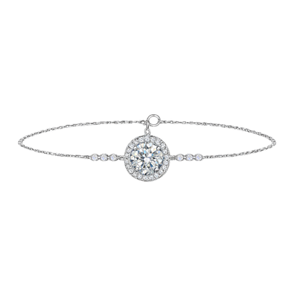 Front view of the Sandra sterling silver bracelet featuring a brilliant 1 carat D color moissanite center stone in a halo setting, crafted in rhodium plated S925 silver.