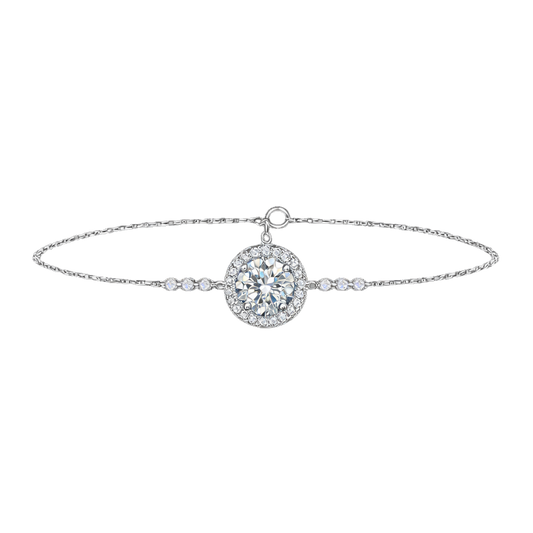 Front view of the Sandra sterling silver bracelet featuring a brilliant 1 carat D color moissanite center stone in a halo setting, crafted in rhodium plated S925 silver.