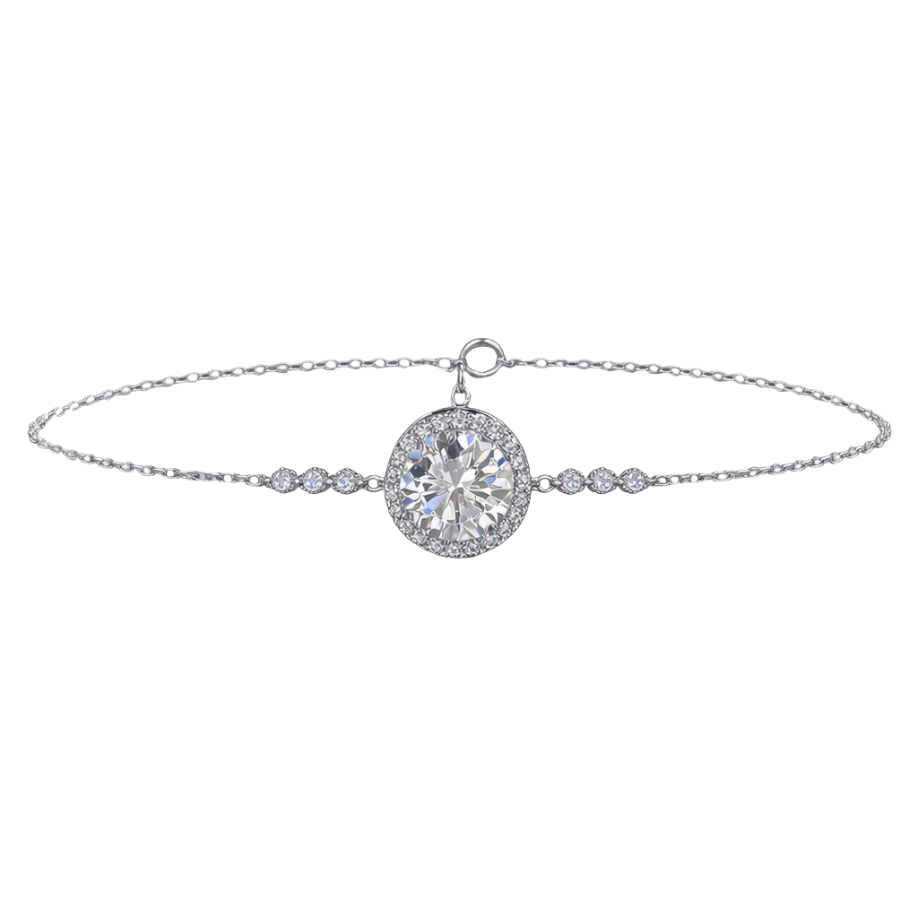 Front view of the Sandra sterling silver bracelet featuring a brilliant 1 carat D color moissanite center stone in a halo setting, crafted in rhodium plated S925 silver.