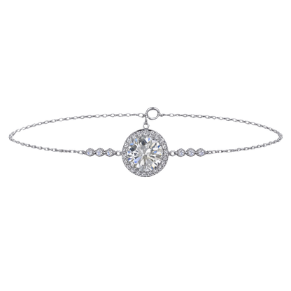 Front view of the Sandra sterling silver bracelet featuring a brilliant 1 carat D color moissanite center stone in a halo setting, crafted in rhodium plated S925 silver.