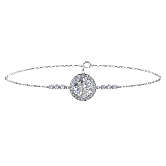 Front view of the Sandra sterling silver bracelet featuring a brilliant 1 carat D color moissanite center stone in a halo setting, crafted in rhodium plated S925 silver.