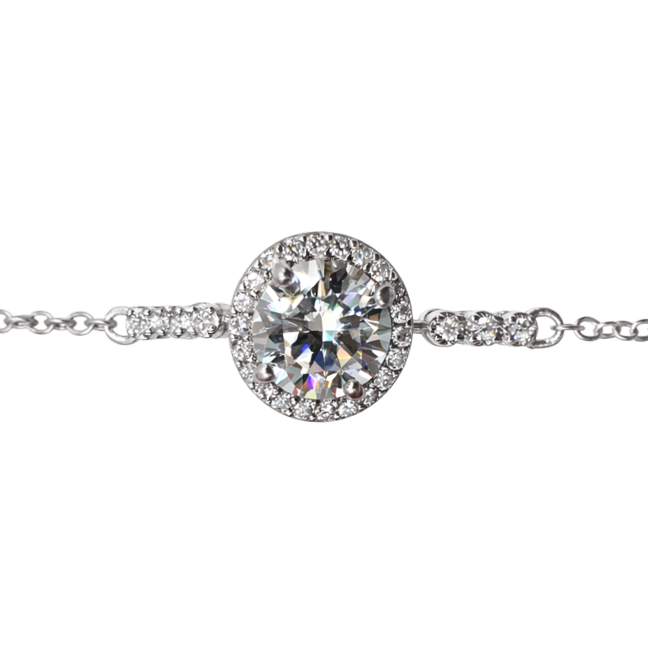 Close-up of the 1 carat moissanite stone showcasing exceptional VV1/VV2 clarity, D color brilliance, and fine halo craftsmanship in sterling silver.