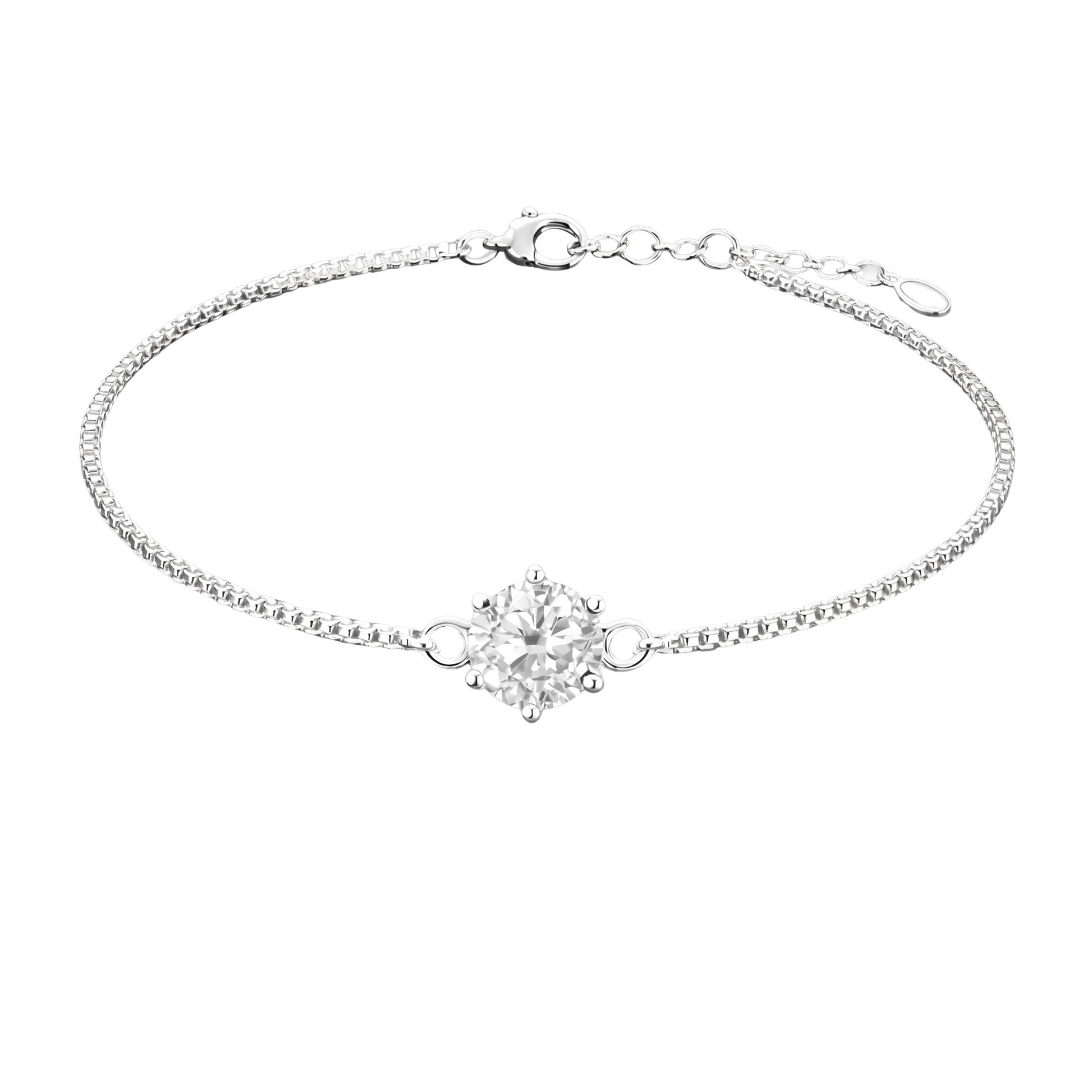 Full front view highlighting the brilliant D color moissanite stone set in polished rhodium plated S925 sterling silver, showcasing exceptional sparkle and clarity.