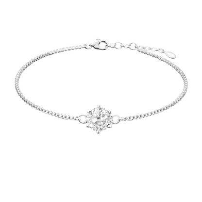 Full front view highlighting the brilliant D color moissanite stone set in polished rhodium plated S925 sterling silver, showcasing exceptional sparkle and clarity.