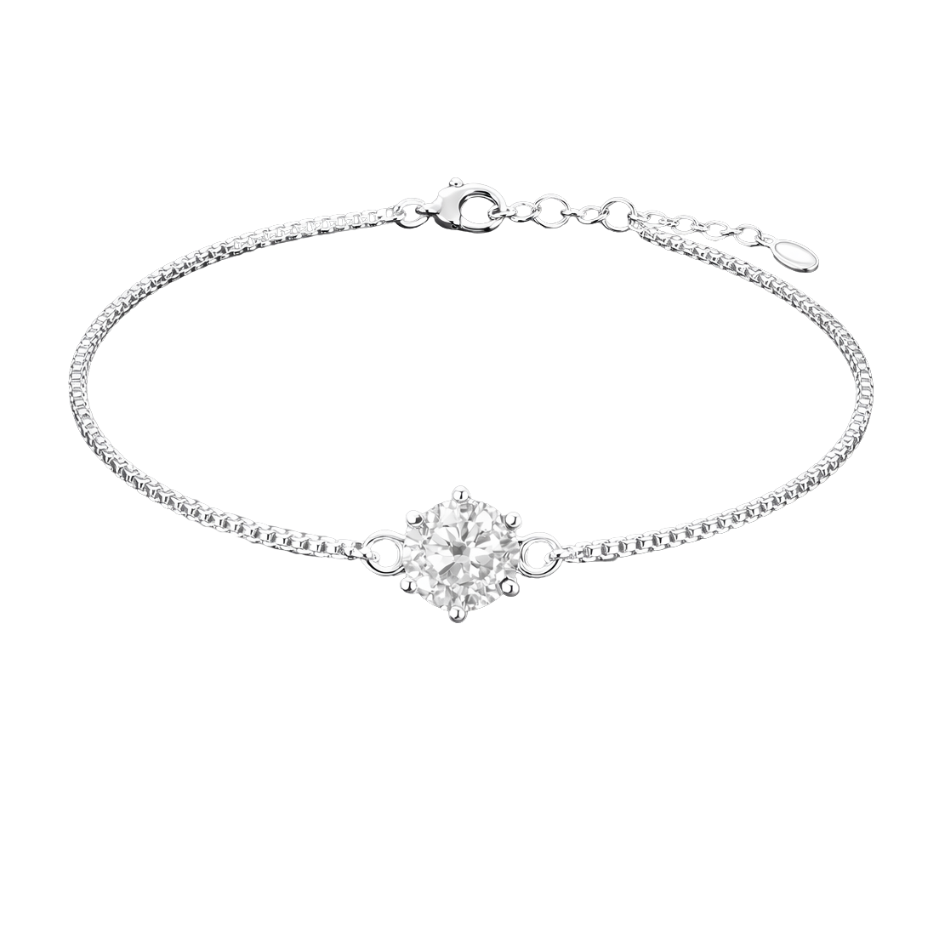 Full front view highlighting the brilliant D color moissanite stone set in polished rhodium plated S925 sterling silver, showcasing exceptional sparkle and clarity.