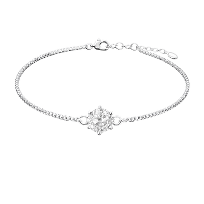 Full front view highlighting the brilliant D color moissanite stone set in polished rhodium plated S925 sterling silver, showcasing exceptional sparkle and clarity.