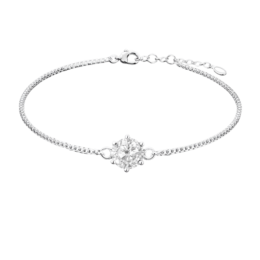 Full front view highlighting the brilliant D color moissanite stone set in polished rhodium plated S925 sterling silver, showcasing exceptional sparkle and clarity.
