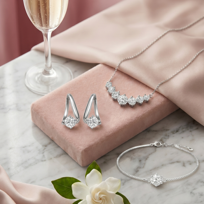 Elevate your jewelry collection with the Sanya Moissanite Set, featuring a dazzling 1.7 CT necklace, 1 CT bracelet, and 0.5 CT earrings. Crafted from premium sterling silver and adorned with brilliant D Color, VVS1 moissanite stones, this GRA-certified set delivers exceptional sparkle and timeless elegance. Perfect for weddings, special occasions, or everyday luxury, this fine jewelry set offers the beauty of diamonds with unmatched brilliance and lasting shine.