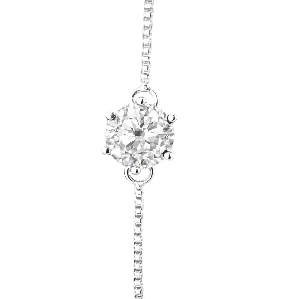 Macro close-up of the 1 carat round brilliant moissanite, emphasizing its fire, brilliance, and premium prong setting craftsmanship.