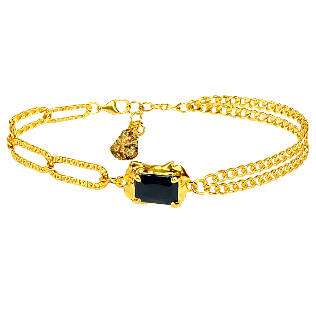 Close-up product shot showcasing the rectangular black onyx stone set in 18K gold plated sterling silver.