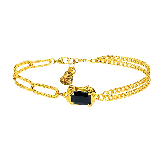 Close-up product shot showcasing the rectangular black onyx stone set in 18K gold plated sterling silver.