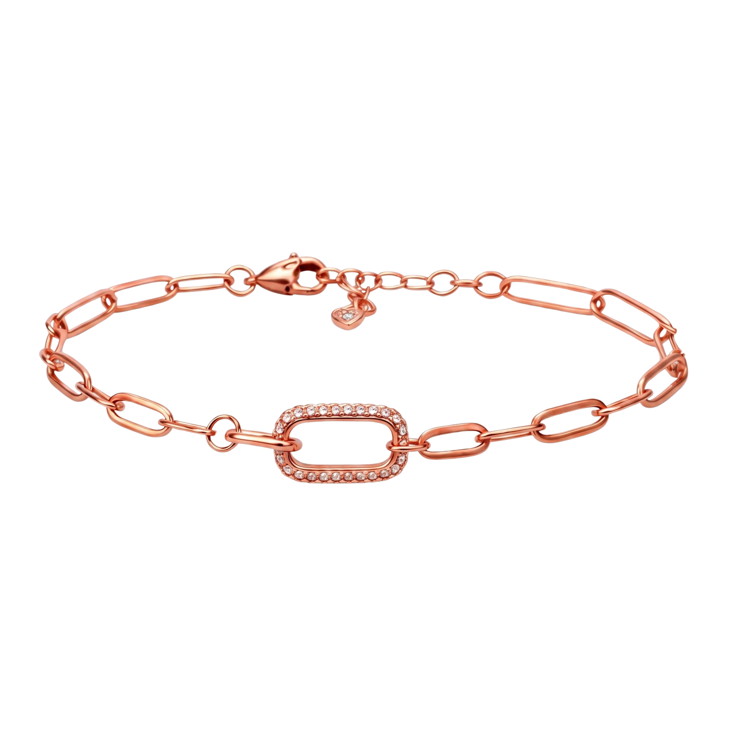 Elegant S925 sterling silver rose gold plated bracelet featuring a zircon-accented oval link centerpiece in a minimalist paperclip chain design.