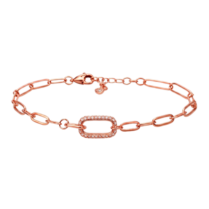 Elegant S925 sterling silver rose gold plated bracelet featuring a zircon-accented oval link centerpiece in a minimalist paperclip chain design.