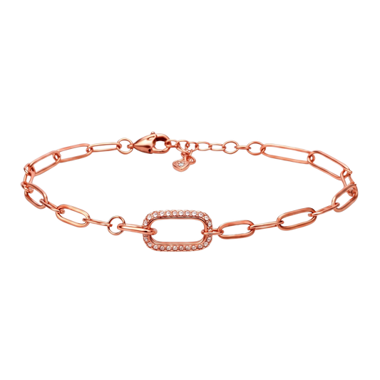 Elegant S925 sterling silver rose gold plated bracelet featuring a zircon-accented oval link centerpiece in a minimalist paperclip chain design.