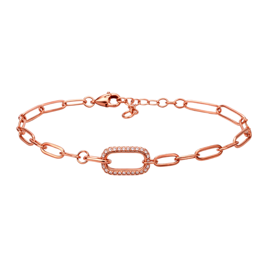 Elegant S925 sterling silver rose gold plated bracelet featuring a zircon-accented oval link centerpiece in a minimalist paperclip chain design.