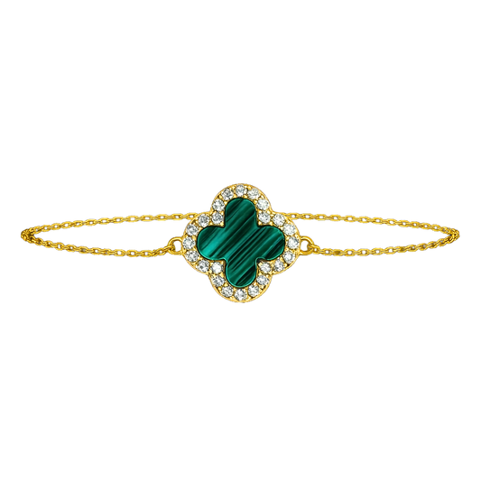 Complete view of the Stephanie S925 sterling silver bracelet featuring a green malachite-inspired clover centerpiece framed with sparkling stones.