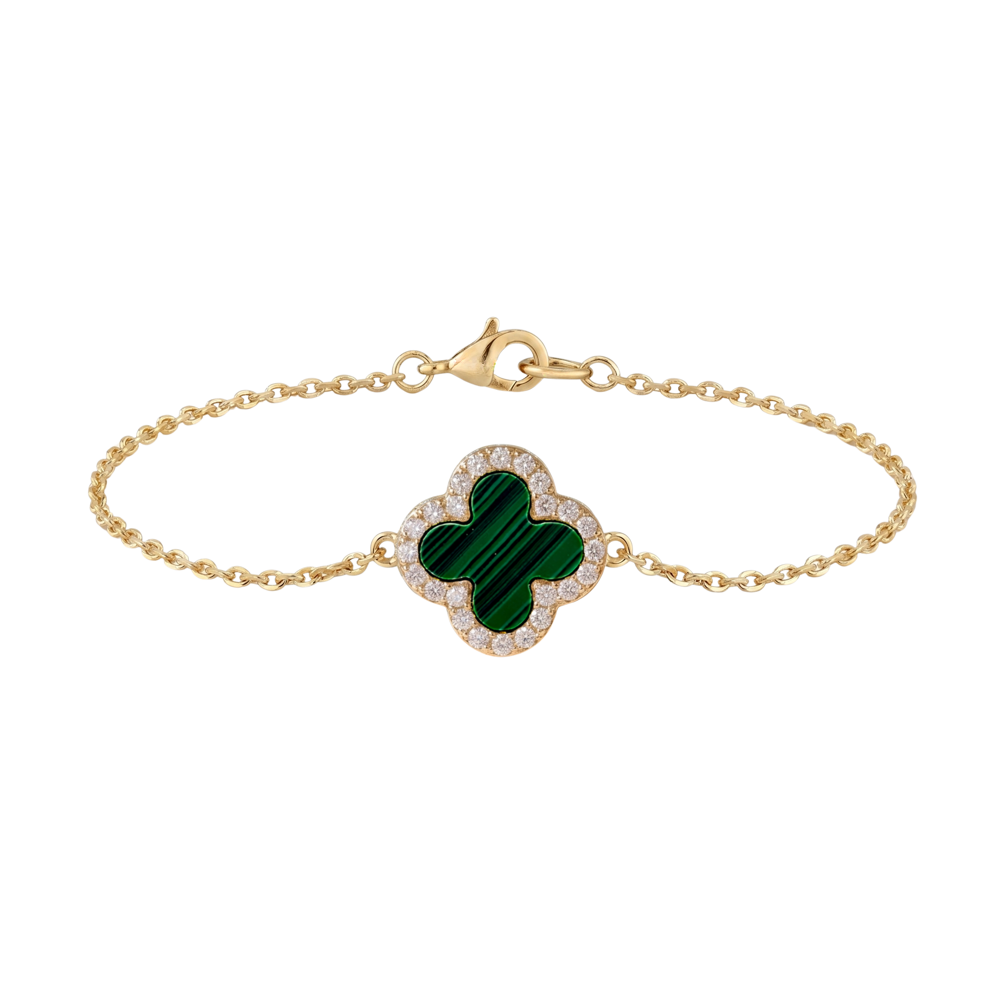 Complete view of the Stephanie S925 sterling silver bracelet featuring a green malachite-inspired clover centerpiece framed with sparkling stones.