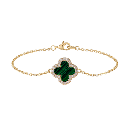 Complete view of the Stephanie S925 sterling silver bracelet featuring a green malachite-inspired clover centerpiece framed with sparkling stones.
