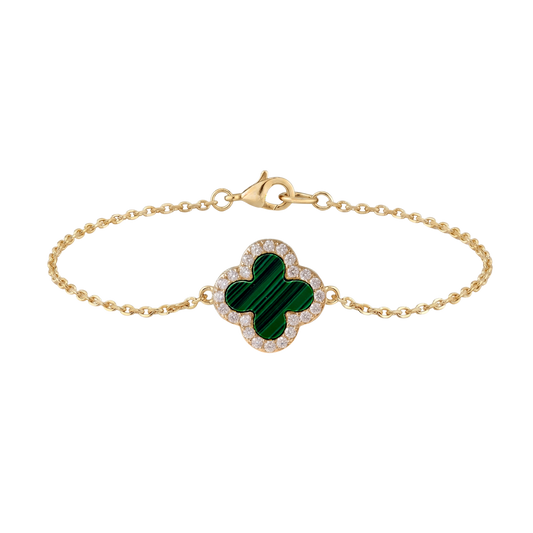 Complete view of the Stephanie S925 sterling silver bracelet featuring a green malachite-inspired clover centerpiece framed with sparkling stones.