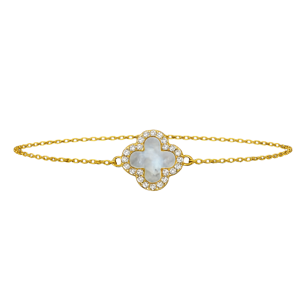 Full product image of the white mother of pearl-inspired clover bracelet with 18K gold plated finish and zircon halo detailing.