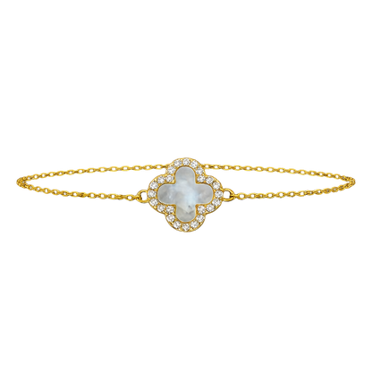 Full product image of the white mother of pearl-inspired clover bracelet with 18K gold plated finish and zircon halo detailing.
