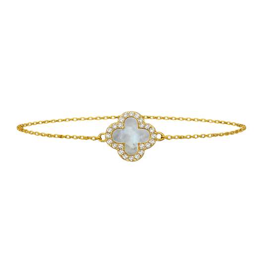 Full product image of the white mother of pearl-inspired clover bracelet with 18K gold plated finish and zircon halo detailing.